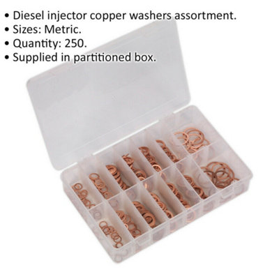 250 Piece Diesel Injector Copper Washer Assortment - Various Sizes - Storage Box