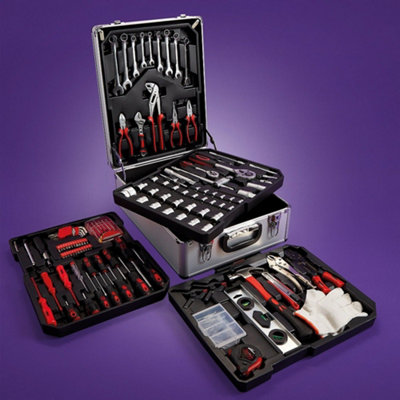 250-Piece Tool Set, Lockable Aluminium Case, Telescopic Handle, Organiser Trays