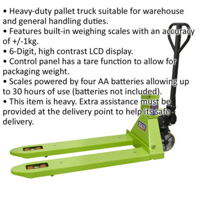 2500kg Heavy Duty Pallet Truck with Scales - 1185mm x 555mm Forks - LCD Display
