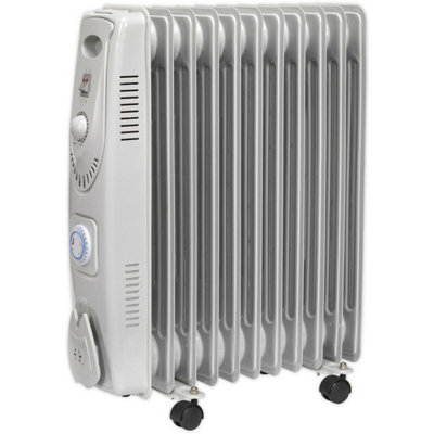 2500W 11 Element Oil-Filled Radiator - Thermostat & Timer - Castor Wheels - 230V