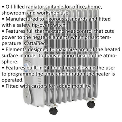 2500W 11 Element Oil-Filled Radiator - Thermostat & Timer - Castor ...