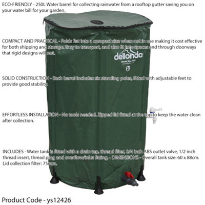 250L Collapsible Garden Water Butt & Drain Tap - Outdoor Storage Gardening Tank