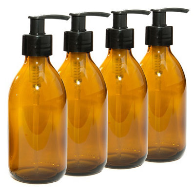 250ml Empty Amber Glass Bottles with Black Pumps - Pack of 4  (Soap Dispenser