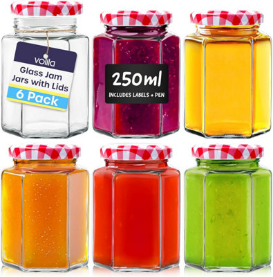 250ml Hexagonal Jam Jars with Lids Airtight Glass Preserving Jars for Jams, Pickles, and Crafts 6 Pack with Labels