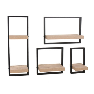 250mm double nova framed floating shelf kit, oak effect shelf with black frame