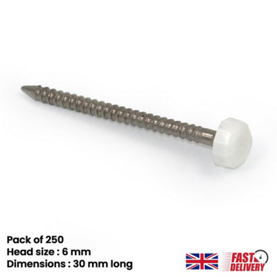 250pk UPVC Panel Pins 30mm Poly Top Pins Nails Plastic Headed Fascia Fixings Roofing Nails White