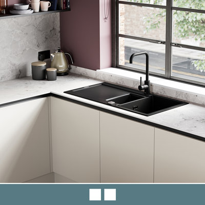Explore the Stevia handleless sandstone kitchen, featuring a sleek look and available in 6 contemporary colours.