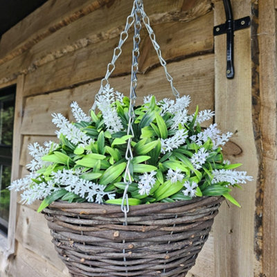 25cm 10 Inch Faux White Lavender Flower Round Rattan Wicker Hanging Baskets  for Indoor Outdoor Garden