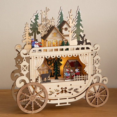 25cm Battery Powered Light Up Wooden Christmas Carriage Village with ...