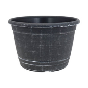25cm Black Pot Barrel Planter With White Brush Effect Plant Flower Garden Patio