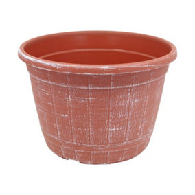 25cm Brown Pot Barrel Planter Terracotta With White Brush Effect Flower Garden