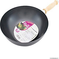 25CM Non Stick Wok Stir Fry Noodles Chinese Frying Pan Cooking Wooden Handle