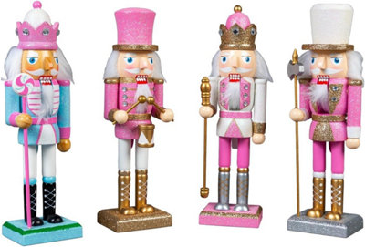 25cm Pink Wooden Nutcrackers Soldiers King Drummer Christmas Ornament 4pcs Set