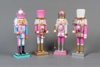 25cm Pink Wooden Nutcrackers Soldiers King Drummer Christmas Ornament 4pcs Set
