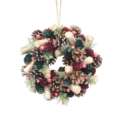 25cm Red Green & wood Christmas Wreath Festive Decoration with Jute ...