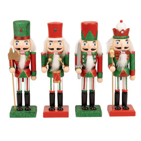 25cm Red Green Wooden Nutcrackers Soldiers King Drummer Christmas Ornament 4pcs Set