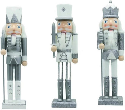 25cm Silver and White Glitter Wooden Nutcrackers - 3pcs Set - Soldiers King Puppet Figurines Christmas Decoration