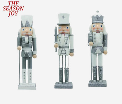 25cm Silver and White Glitter Wooden Nutcrackers - 3pcs Set - Soldiers King Puppet Figurines Christmas Decoration