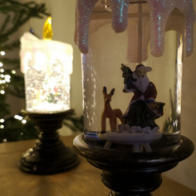 25cm Snowtime Dual Power LED Christmas Glitter Water Spinner Candlestick Santa Scene