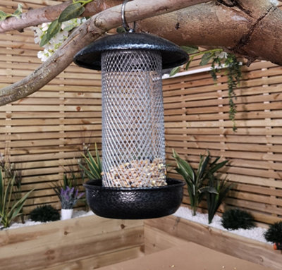 25cm Wild Bird Hanging Hammered Steel Black and Silver Sunflower Hearts Feeder