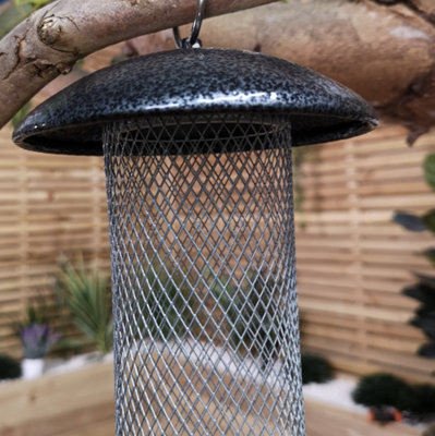 25cm Wild Bird Hanging Hammered Steel Black and Silver Sunflower Hearts Feeder - 4