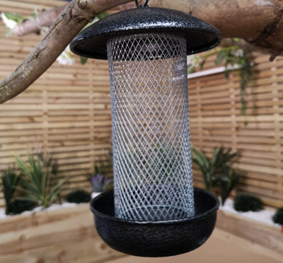 25cm Wild Bird Hanging Hammered Steel Black and Silver Sunflower Hearts Feeder - 6