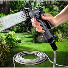 25ft Stainless Steel Hose with 7 Function Spray Nozzle - Flexible Kink Free Rustproof Puncture Resistant Outdoor Garden Hosepipe