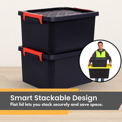 25L Black Plastic Storage Box with Lid 44 x 34 x 23 cm Stackable ...