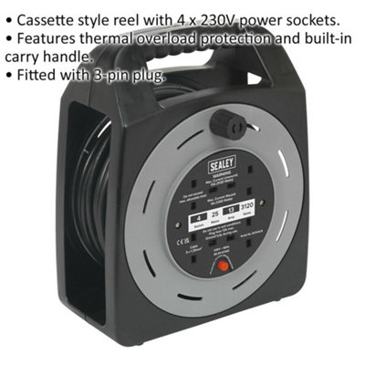 25m Box Type Cable Reel - 4 x 230V Plug Socket Extension Lead - Thermal Trip