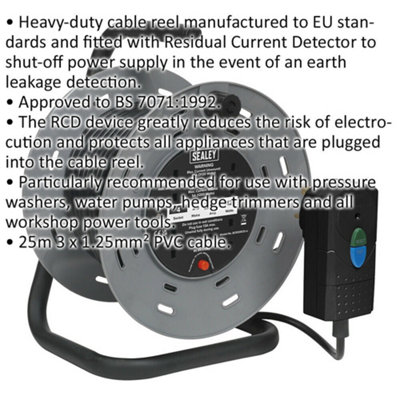 25m Cable Reel - 4 x 230V Plug Socket Extension Lead - Thermal Trip -
