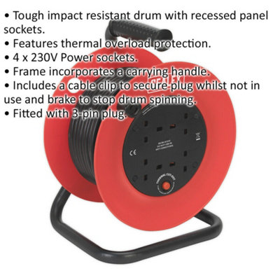 25m Heavy Duty Cable Reel with Thermal Trip - 4 230V Plug Socket Extension Lead