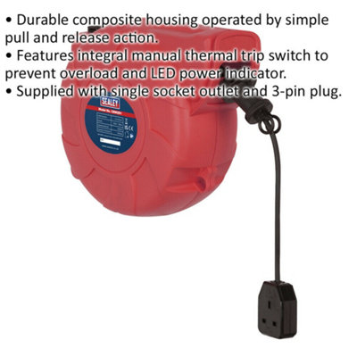 25m Retractable Cable Reel System - 1 x 230V Plug Socket - Pull & Release Action