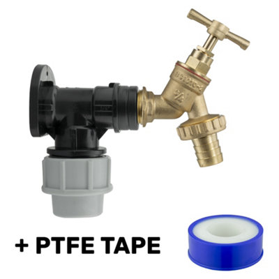 25mm mdpe compression backplate/wallplate with classic brass bib tap + hose barb+PTFE TAPE