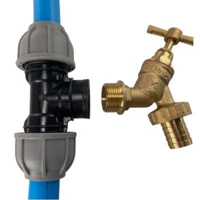 25mm MDPE Tee with Brass Bib Tap and Barbed Hose Tail - Outdoor Water ...