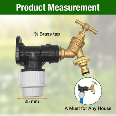 25mm MDPE Wall Flange Kit Wall Plate Elbow  Brass Garden Tap with Click-Lock Hose Fitting and PTFE Tape to Install Hose Connector