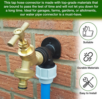 25mm MDPE Wall Flange Kit Wall Plate Elbow  Brass Garden Tap with Click-Lock Hose Fitting and PTFE Tape to Install Hose Connector - 6