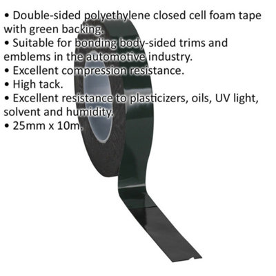 25mm x 10m Double-Sided Adhesive Outdoor Foam Tape - Green Backed - High Tack