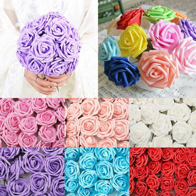 25pcs Artificial Flowers Foam Rose Fake Flower With Stem Wedding Party ...