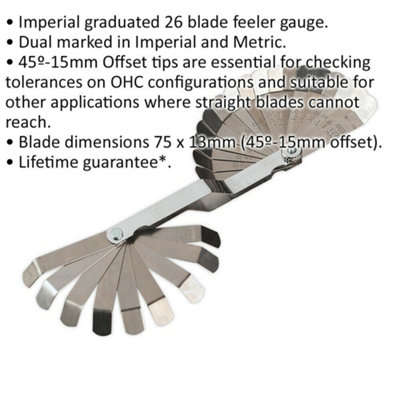 26 Blade Offset Feeler Gauge - 0.127 to 0.762mm - 75 x 13mm Blades - Dual Marked