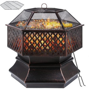 26" Hexagonal Fire Pit Rustic Outdoor Campfire Stoves with Protective Shield
