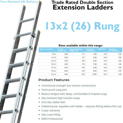 26 Rung Aluminium Double Section Extension Ladders & Stabiliser Feet 3.5m 6m