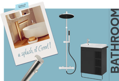 Graphic titled 'Bathroom' featuring a polaroid captioned 'a splash of Good!', a shower fitting and sink unit.