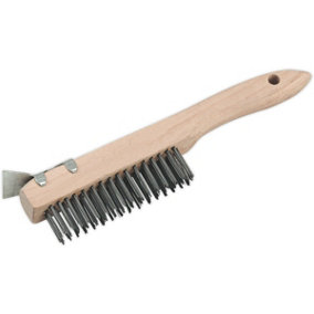 260mm Engineers Wooden Wire Brush with Scraper - Steel Fill - Rust Removal