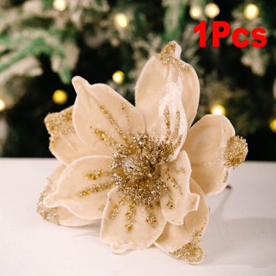 26cm Christmas Artificial Glitter Poinsettia Flowers, Beige Xmas ...