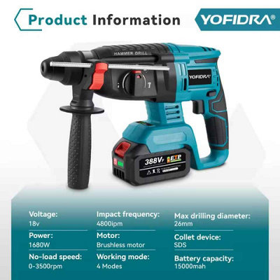 26mm Brushless Cordless Rotary Hammer Drill Impact Power Tool