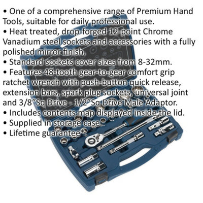 26pc PREMIUM Deep Socket & Ratchet Handle Set 1/2" Square Drive 12 Point Metric