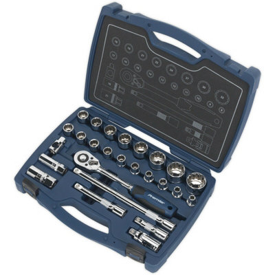 26pc PREMIUM Deep Socket & Ratchet Handle Set 1/2" Square Drive 12 Point Metric