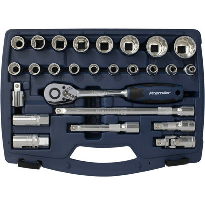 26pc PREMIUM Deep Socket & Ratchet Handle Set 1/2" Square Drive 12 Point Metric