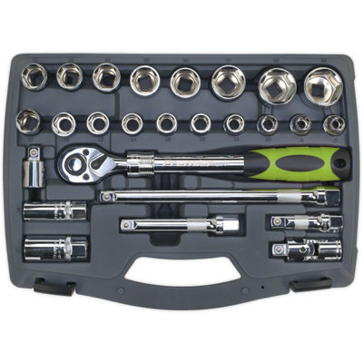 26pc PREMIUM Deep Socket & Ratchet Handle Set - 1/2" Square Drive 6 Point Metric