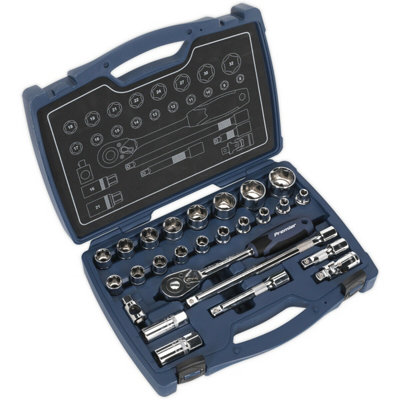 26pc PREMIUM Deep Socket & Ratchet Handle Set 1/2" Square Drive 6 Point Metric